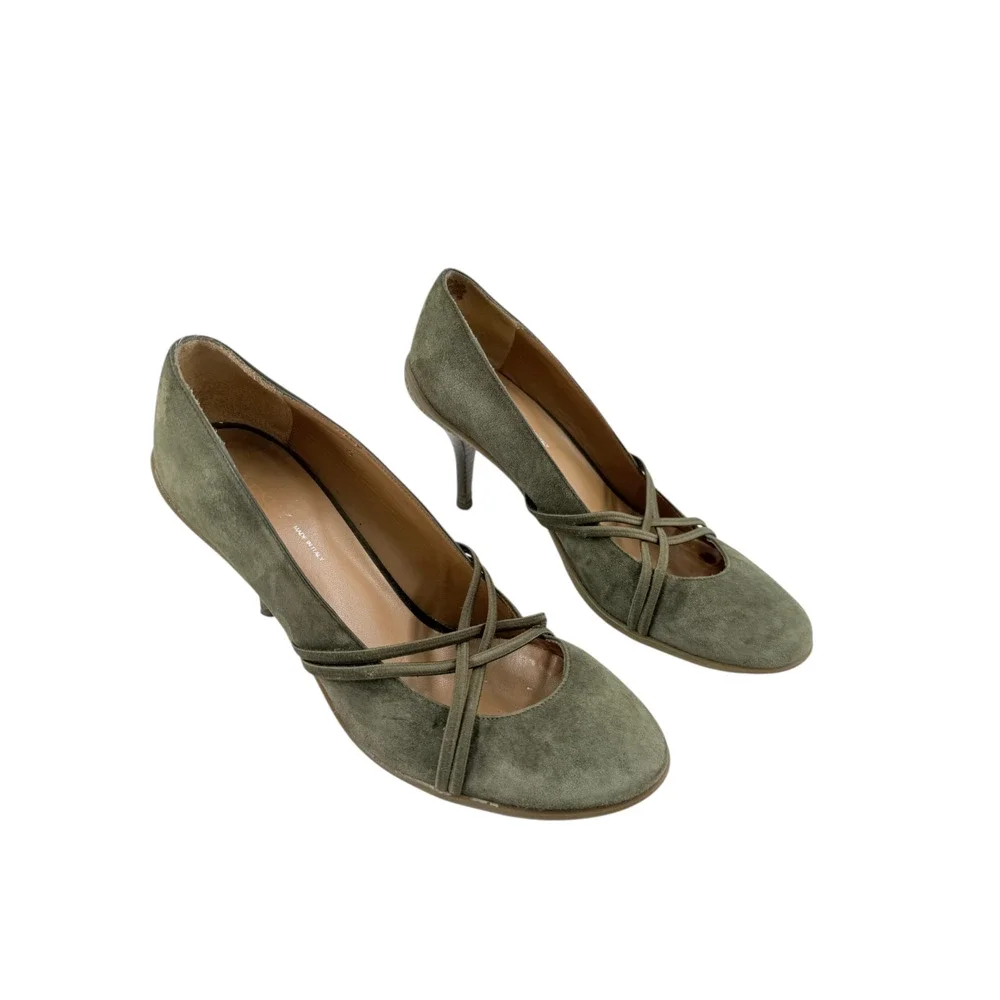 VTG Donna Karan Olive Green Suede Pumps Heels Sz 8 Strappy Made Italy Y2K Preppy